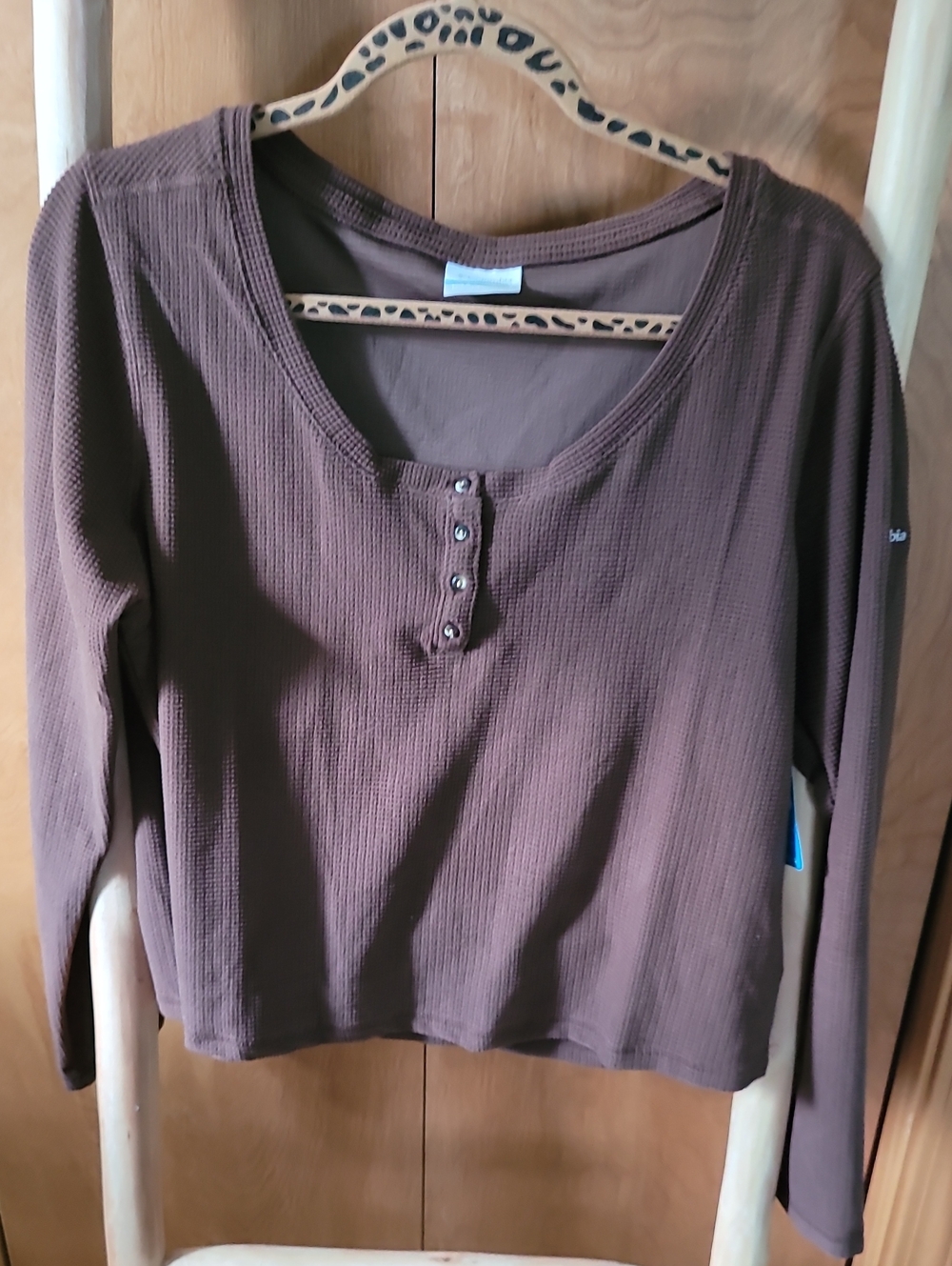 Columbia Brown Waffle Knit Henley Long Sleeve Top